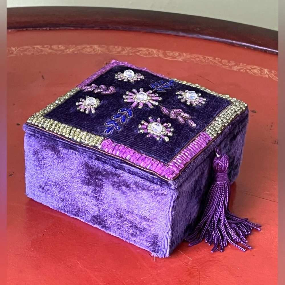 Shakeel's Concepts Purple Embroidered Velvet Jewelry Square Beaded Box